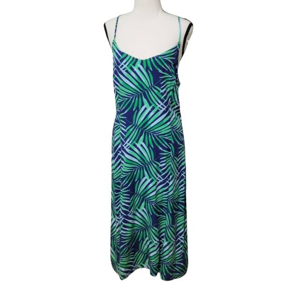 Old Navy Dress Midi Green Blue Palm Leaf Tropical Print Sz M New - Picture 2 of 6